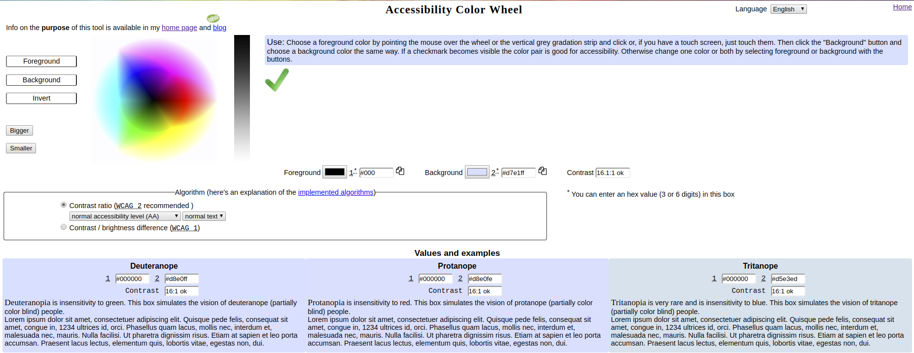 Screenshot of Color Contrast Wheel Tool and color selections.